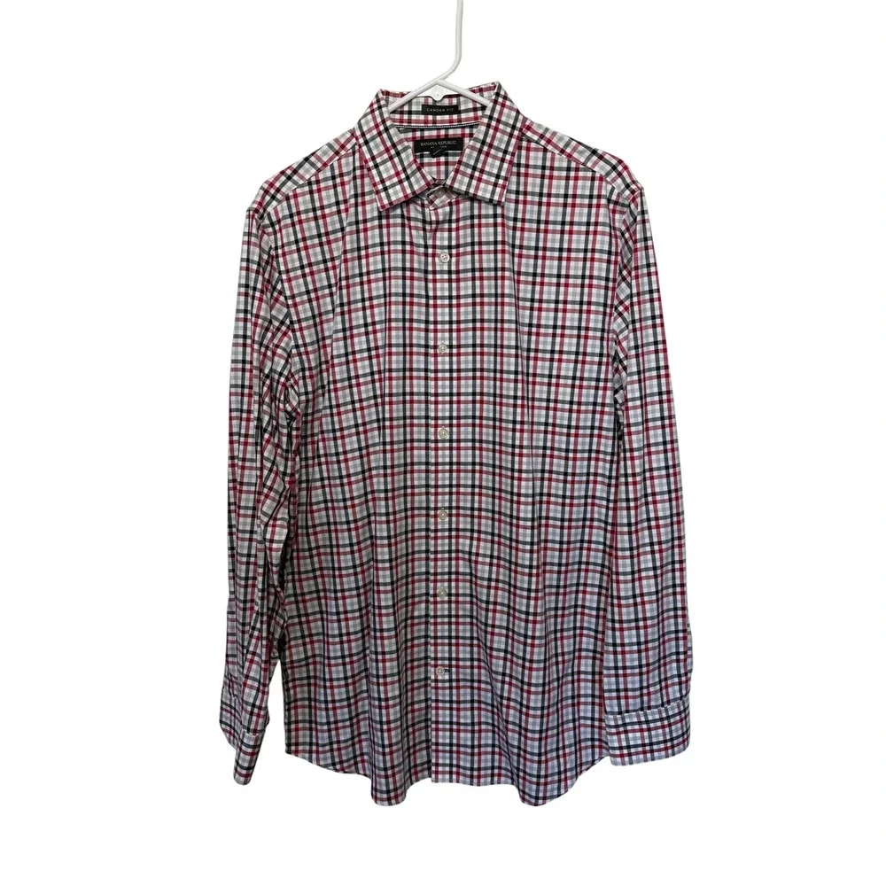 Banana Republic Mens Red Black Plaid Button Down Shirt L Camden Fit Non-Iron